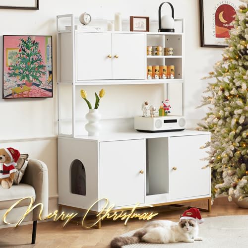 JanflyHome Cat Litter Box Enclosure, Large Hidden Cat Litter Box Furniture with Shelf, Sturdy Metal Frame Pet Washroom, Indoor Cat House Furniture with Cat Scratching Pad,White