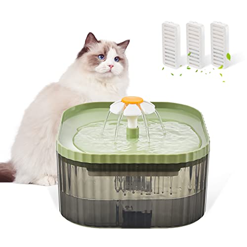 JEERAMIA 85oz/2.5L Cat Water Fountain, Ultra Quiet Pet Water Dispenser with Smart Pump and 3 Replacement Filters, Automatic Flower Fountain for Dog & Cat (Green)