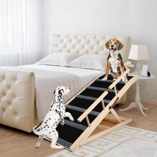 JELMOK Dog Ramp for Bed, 47.2" Pet Ramps, Dog Stairs for High Beds Car Couch, 6 Adjustable from 12.3"-28" Portable Folding Dog Steps for Large Medi Small Dogs Cats Supports up to 200LBS