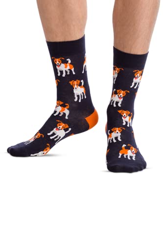 JNRB Men's Cotton Colored Bright Crew Dress Novelty Socks funny cute your favorite Dog breed printed, L-XL (Jack Russell Puppy)