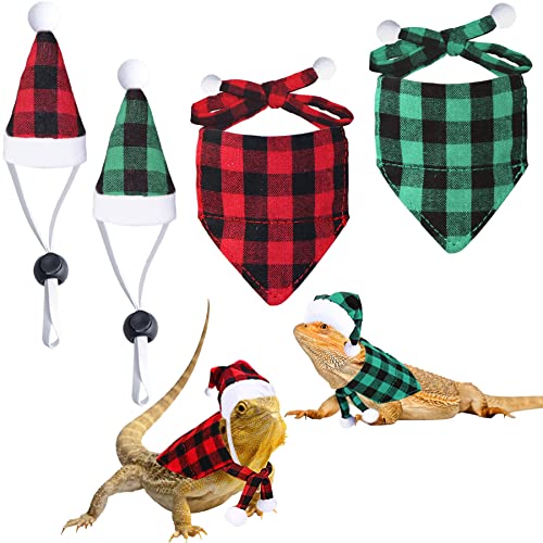 JOTFA 4 Pieces Christmas Bearded Dragon Costumes, Lizard Christmas Hats Bandanas Small Pet Christmas Costume for Bearded Dragon Lizard Chicks Parrot Hamster Guinea Pig Small Pet (Red and Green, Plaid)