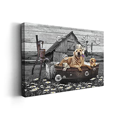 Kasluolo Golden Retriever Dogs Wall Art Farmhouse Bathroom Decor Wall Pictures Funny Dog Sitting in Bathtub Canvas Print Painting Rustic Dogs Wall Décor for Bathroom Framed Artwork 12x16 inch