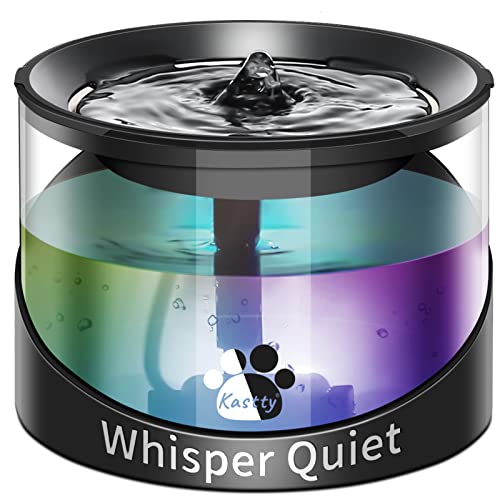 Kastty Super Quiet Water Fountain for Cats Inside, Pet Water Fountain for Kitty, Cat Waterer, Dog Bowl Dispenser 2.2L/74oz,with Super Long Life Span Pump, Black+Colorful LED Light