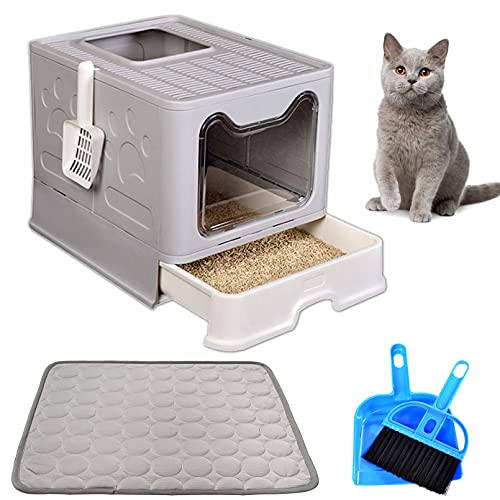 kathson Large Cat Litter Box with Lid Foldable Enclosed Cat Potty Anti-Splashing Cat Toilet Top or Front-Entry Configurable Drawer Type Cat Litter Pan Easy to Clean (Gray)