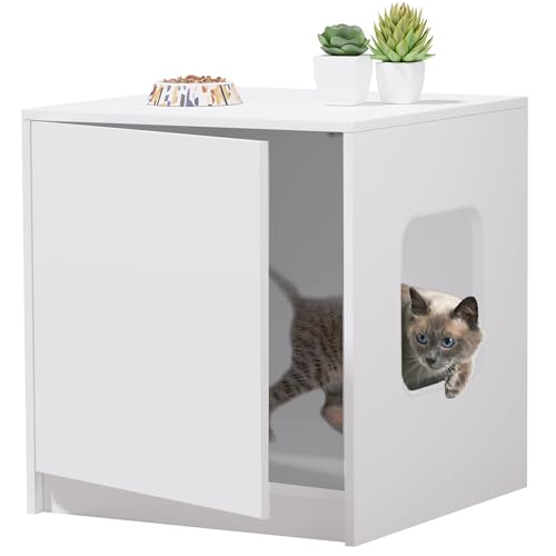 KHALOR Cat Hidden Litter Box Enclosure- Kitty Litter Box Enclosed Furniture, Thicken Wooden Pet Litter Cabinet House as Nightstand, Side Table for Indoor, Easy Assembly and Clean White