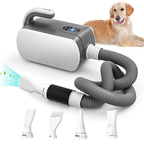 Kidken Dog Dryer,5.2HP/3800W High Velocity Professional Dog Hair Dryer with LED Screen,Low Noise Adjustable Speed and Temperature Control Dog Blow Dryer with 4 Different Nozzles for Dog Cat and Pet