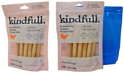 Kindfull Rawhide-Free Chicken Recipe Sticks Dog Treats, 3.5oz (Pack of 2) and Resealable Bags