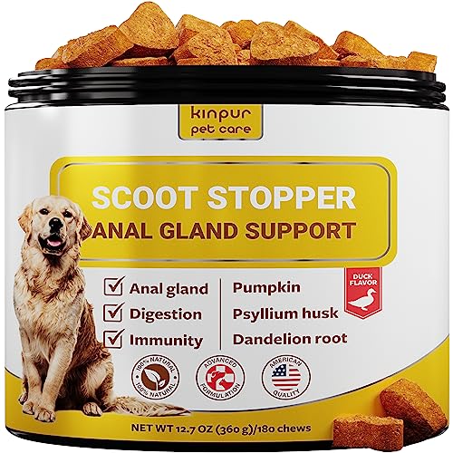 Kinpur Pet Care Scoot Stopper Soft Chews - Fiber for Dogs - Dog Anal Gland and Digestion Support - Anal Gland Chews with Pumpkin and Psyllium Husk - 180 Chewables for Dog Digestive Health