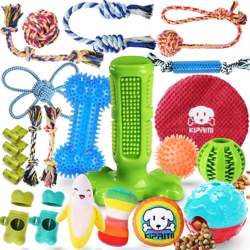 KIPRITII Dog Chew Toys for Puppy - 23 Pack Puppies Teething Chew Toys for Boredom, Pet Dog Toothbrush Chew Toys with Rope Toys, Treat Balls and Dog Squeaky Toy for Puppy and Small Dogs