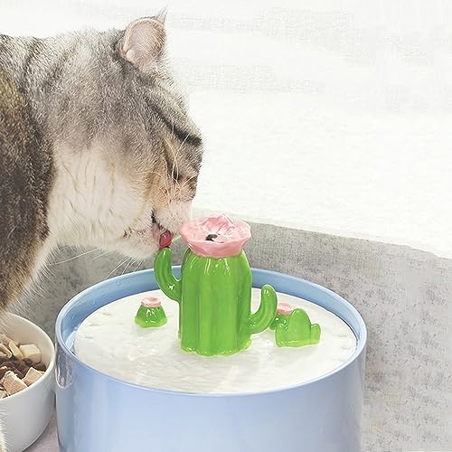 Large Ceramic Cat Water Fountain, Ultra-Quiet Pet Water Fountain, 50oz/1.5L Automatic Circulation Cat Water Dispenser, Dishwasher Safe, Adjustable Water Flow for Cat and Dog(Cactus, L)