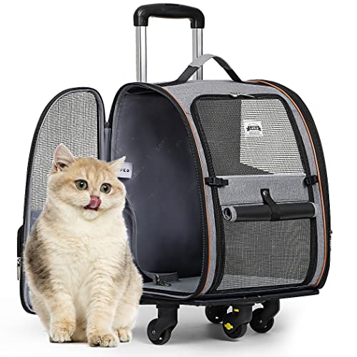 Lekebobor Wheeled Pet Carrier Backpack Pet Rolling Carrier Backpack for Small Dogs Medium Cats Fit up 18lbs with Removable Wheels,Airline Approved Puppies Backpack,Grey