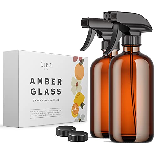 LiBa Amber Glass Spray Bottles 2 Pack, 16 oz Refillable Empty Spray Bottle for Cleaning, Essential Oils, Hair, Plants, Adjustable Nozzle for Squirt and Mist, Bleach/Vinegar/Rubbing Alcohol Safe