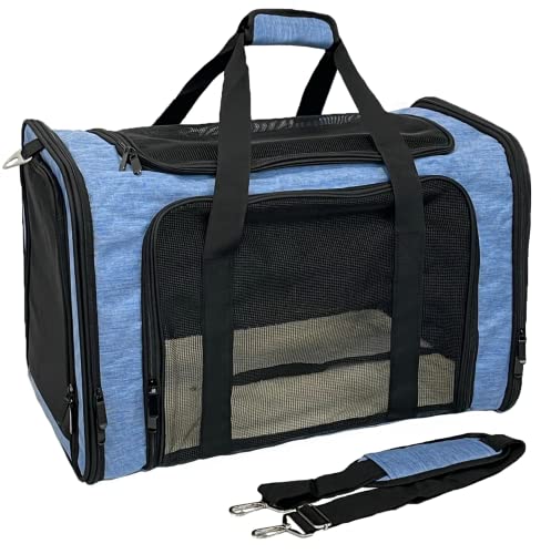 Lioneon Pet Dog Cat Puppy Carrier for Small Medium 15LBs, Large 25LBs, Soft-Sided Collapsible Foldable Travel Carrier with Removable and Washable Cozy Mat - Black Grey Blue Pink (Large, Blue)