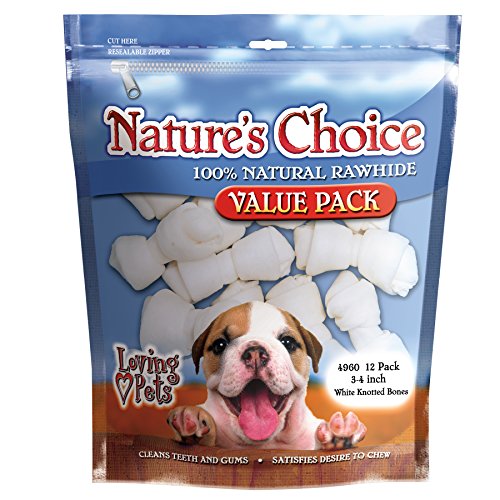 Loving Pets Nature'S Choice 100-Percent Natural Rawhide White Knotted Bones Value Pack Dog Treat, 3-4-Inches, 12/Pack