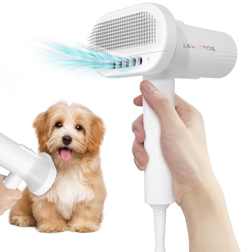 L&W BROS. 2-in-1 Dog Dryer and Brush- Pet Grooming Dryer with Overheating Protection, 3 Blowing Modes, Slimmer Handle, and Low Noise Dog Hair Dryer for Small and Medium Dogs and Cats (White)