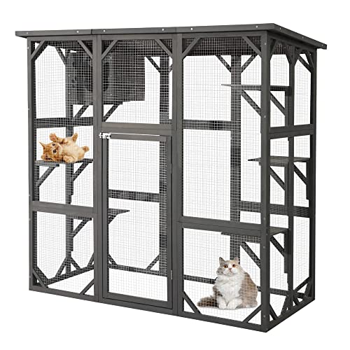 MAGIC UNION Large Fir Wooden Catio Outdoor Cat House, Cat Enclosure with Weather Protection Roof, Indoor Cat Cage with Cattery and 5 Platforms