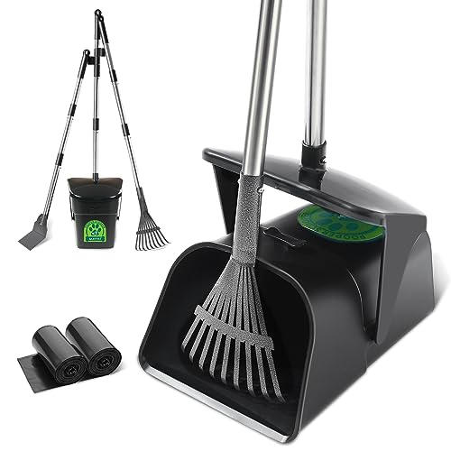 MAYKI Upgraded Odorless Pooper Scooper Kit with Swivel Bin & Rake & Spade, Long Handle Dog Pooper Scooper with 40 Bag Attachments for Large/Medium/Small Dogs, Dog Poop Scooper for Yard