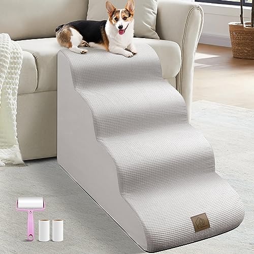 MESTUEL 20in Dog Steps for Bed, Pet Stair Ramp 4 Steps for Small Large Dogs Cats, Foam Dog Stairs Ladder to Bed Sofa Non-Slip Cat Ramp Up to 60 lbs for Old Injured Pets, Send Lint Roller Set, White