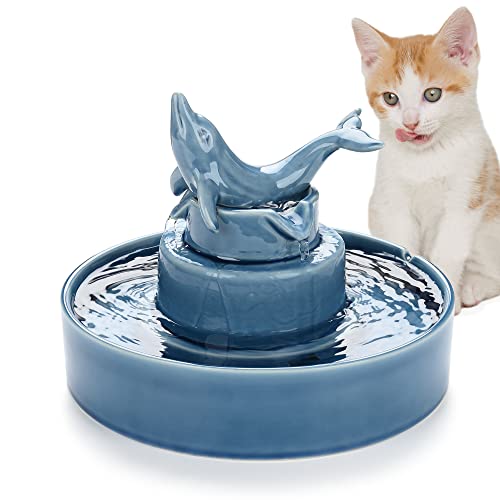 Mile High Life Ceramic Cat Water Fountain, Advanced Porcelain Pet Fountain, 60oz Super Quiet Drinking Fountains for Puppy and Kittens Indoor with Extra Backup Water Pumps, Blue