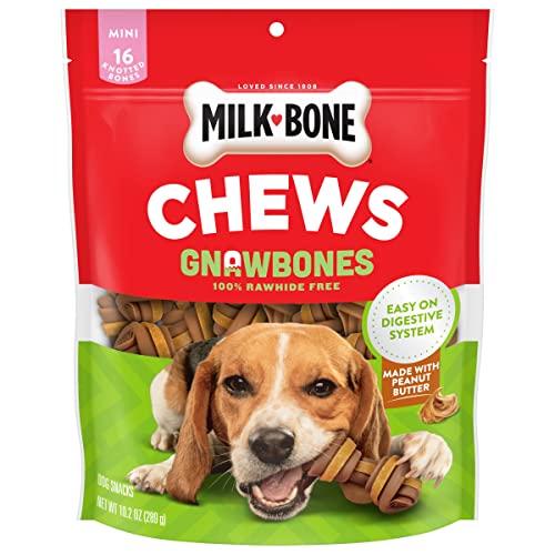 Milk-Bone Chews GnawBones Rawhide Free Dog Treats, Peanut Butter & Chicken, 16 Long Lasting Mini Knotted Bones