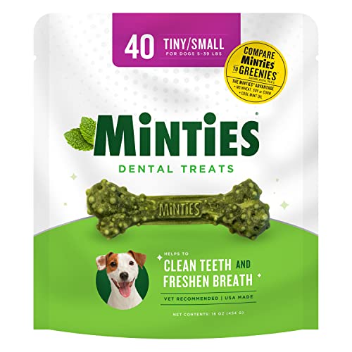 Minties Dental Chews for Dogs, Vet-Recommended Mint-Flavored Dental Treats for Tiny/Small Dogs 5-39 lbs, Dental Bones Clean Teeth, Fight Bad Breath, and Removes Plaque and Tartar, 40 Count