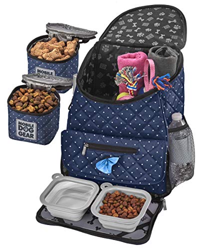 Mobile Dog Gear, Dog Travel Bag, Deluxe Quilted Weekender Backpack, Includes Lined Food Carriers and 2 Collapsible Dog Bowl, Navy and White