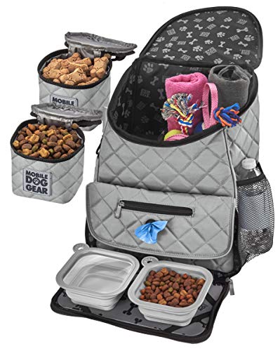 Mobile Dog Gear, Dog Travel Bag, Deluxe Quilted Weekender Backpack, Includes Lined Food Carriers and 2 Collapsible Dog Bowl, Gray