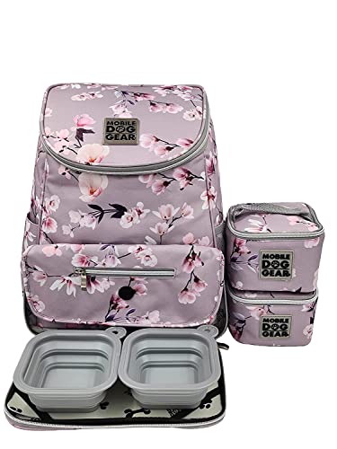 Mobile Dog Gear, Dog Travel Bag, Deluxe Weekender Backpack, Includes 2 Lined Food Carriers and 2 Collapsible Dog Bowls, Meets Airline Requirements, Floral Print