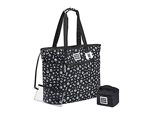 Mobile Dog Gear, Dogssentials Dog Tote Large Travel Bag, Includes Lined Food Carrier and Clear Wristlet Pouch, Meets Airline Requirements, 19 Inches x 17 Inches, Black/White Paw Bone Print