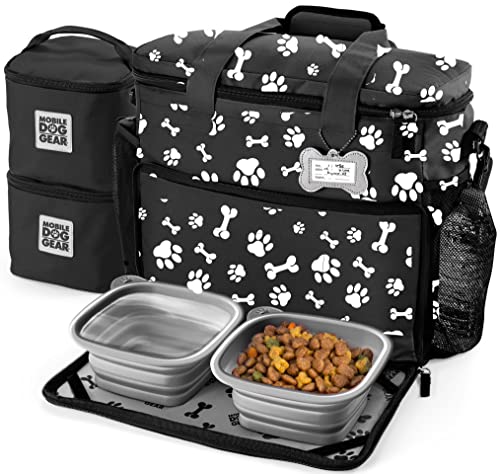 Mobile Dog Gear, Week Away Dog Travel Bag for Small Dogs, Includes 2 Lined Food Carriers and 2 Collapsible Dog Bowls, Meets Airline Requirements, Black/White Paw Print