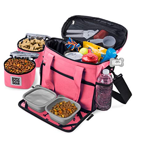 Mobile Dog Gear, Week Away Dog Travel Bag for Small Dogs, Includes Lined Food Carriers and 2 Collapsible Dog Bowl, Pink