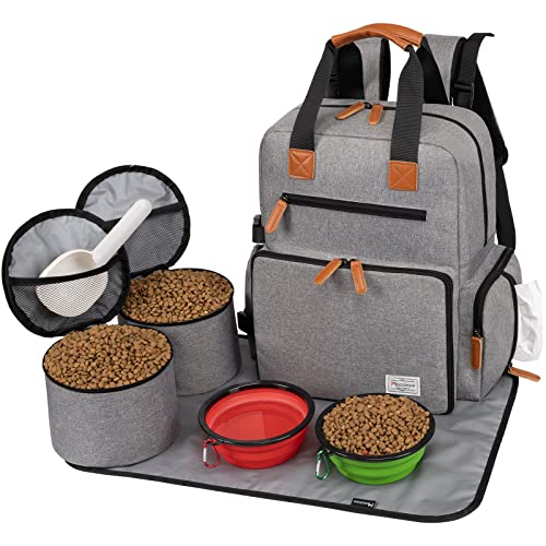 Modoker Dog Travel Bag, Airline Approved Backpack for Pet Accessories Organizer, Tote Weekend Bag with 2 Dog Food Storage Containers, 2 Collapsible Dog Bowls, 1 Pet Mat, Grey