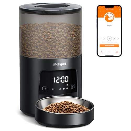 Molypet Automatic Cat Feeders - 5G WiFi Pet Feeder with APP Control, 4L Dry Food Dog Feeder with Low Food & Blockage Alarms, 1-10 Meals Per Day, Up to 10s Meal Call for Pets