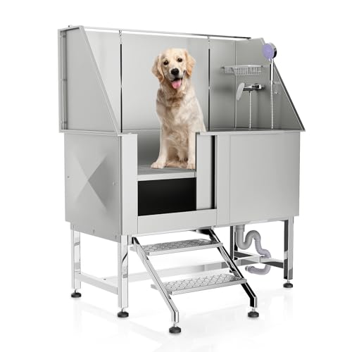 MoNiBloom 50" Dog Washing Station for Home, 2-Depth Optional Professional Stainless Steel Dog Grooming Tub for Large/Medium/Small Dogs, Sliding Door Dog Washing Station w/Ladder, 250 lbs Capacity