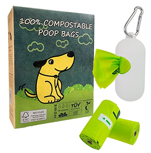 moonygreen Dog Poop Bag, Compostable Dog Poop Bags with Free Holder, Eco-Friendly Doggie Poop Bags for Camping, Unscented, Vegetable-Based, Extra Thick, Leak Proof, Size 9 x 13 Inches, 60 Count