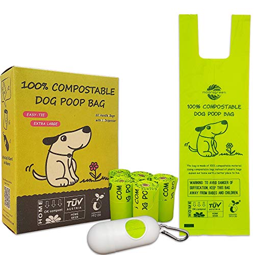 moonygreen Dog Poop Bag with Handles, Compostable doggie poop bags, Pet Waste Bags, Vegetable-Based Eco-Friendly, Unscented, Extra Thick, Leak Proof, for Dogs and Cat Scoops, 60 Counts with Holder