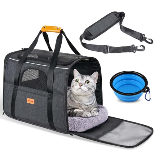 Morpilot Portable Cat Carrier - Soft Sided Cat Carrier for Medium Cats and Puppy up to 15lbs, Pet Carrier with Locking Safety Zippers, Foldable Bowl, Airline Approved Travel Dog Carrier - Dark Gray