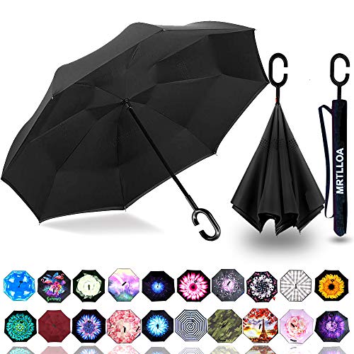 MRTLLOA 40/49/56 Inch Large Windproof Inverted Reverse Umbrella with UV Protection, C-Shaped Handle, Double Layer, Stick Rain Umbrella for Men, Women and Children (Black, 49 Inch)