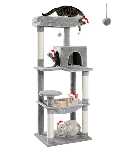 MUTTROS Cat Tree for Large Cats Adult with Metal Plush Big Hammock, 56.3" Cat TowerZ with 2 Door Condo House, 6-Tier Cat Shelves with Scratching Posts and Large Top Perch, Gray