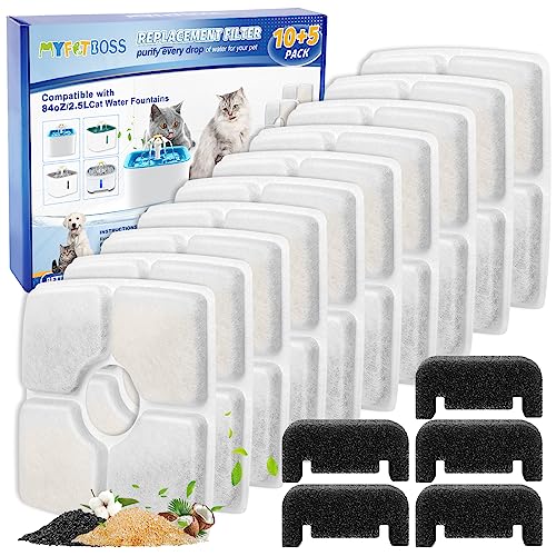 MyfatBOSS 15 Pack Cat Water Fountain Filter, 10 Pack Cat Fountain Filter Replacement & 5 Pack Replacement Pre-Filter Sponges Fit for 84oz/2.5L Automatic Cat Pet Dog Water Fountain