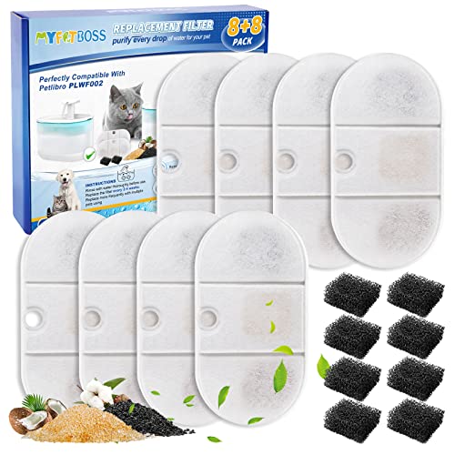 MyfatBOSS Cat Water Fountain Filter, 8 Pack Cat Fountain Filter Replacement and 8 Pack Sponge Filter for Pet Water Fountain Compatible with Petlibro Capsule 71oz/2.1L Ultra Quiet Pet Water Fountain