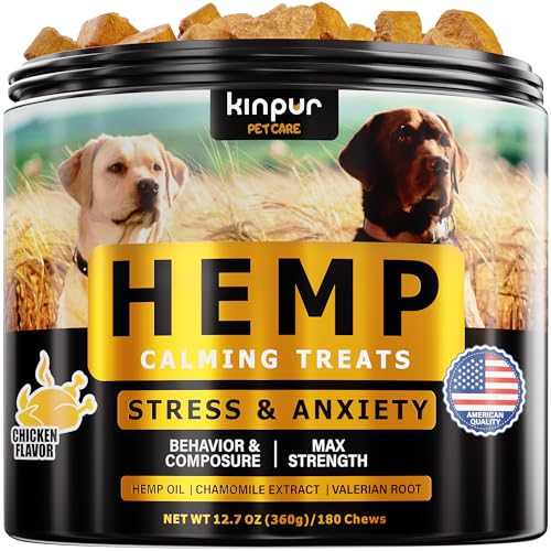 Natural Calming Chews for Dogs with Hemp Oil and Valerian Root - Aid during Fireworks, Thunderstorms, Separation - Hip and Joint Health - Dog Calming Treats with Chicken Flavor - All Breeds, 180 Chews