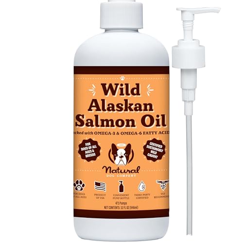 Natural Dog Company Pure Wild Alaskan Salmon Oil for Dogs (32oz) Skin & Coat Supplement for Dogs, Dog Oil for Food with Essential Fatty Acids, Fish Oil Pump for Dogs, Salmon Oil for Puppies