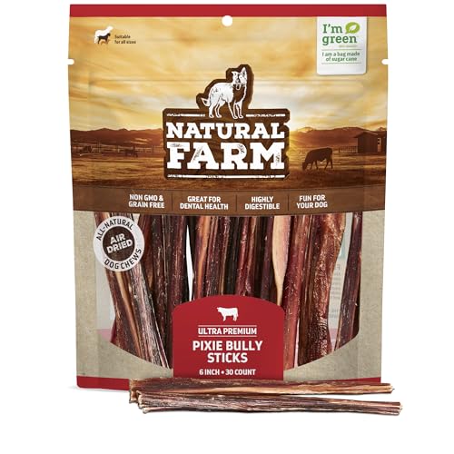 Natural Farm Bully Sticks (6 Inch, 30 Pack), Thin Pizzle Pixie Beef Treats, Grain-Free, High Protein, Best Rawhide Alternative for Small, Puppies or Senior Dogs