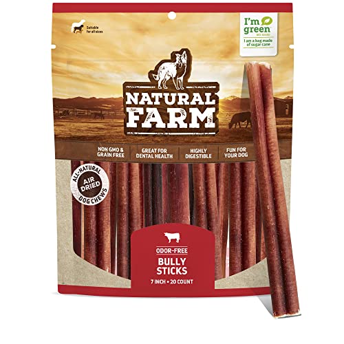 Natural Farm Bully Sticks, Odor-Free (7 Inch, 20 Pack), 100% Beef Treats for Pups, Small and Medium Dogs, Non-GMO, Grain-Free, Fully Digestible, Long Lasting Whole Beef Pizzle Chews