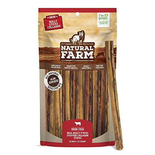 Natural Farm Bully Sticks Stuffed Collagen Sticks for Dogs (12 Inch, 12-Pack), Rawhide-Free Collagen Sticks, Natural Dog Chews, Long Lasting, Small, Medium and Large Dogs, Great Rawhide Alternative