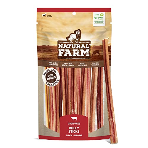 Natural Farm Odor-Free Bully Sticks (12 Inch, 12 Pack), 1.2 lbs. Per Bag, 100% Beef Pizzle Chews, Grass-Fed, Non-GMO, Fully Digestible Long Lasting Best Dental Treats to Keep Your Dogs Busy