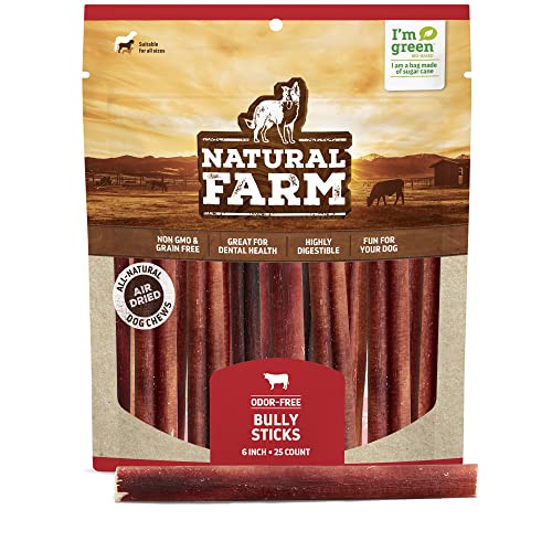 Natural Farm Odor-Free Bully Sticks (6 Inch, 25 Pack), 1.3 lb. Bag, Fully Digestible 100% Beef Pizzle Chews, Grass-Fed, Non-GMO, Grain-Free, Natural Long-Lasting Chews for Small & Large Dogs