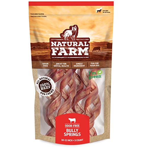 Natural Farm Odor-Free Curly Bully Sticks (10-12 Inch, 5 Pack), Fully Digestible, 100% Beef Pizzle Chews, More Engagement & Fun, Grass-Fed, Non-GMO, Fully Digestible - Best for Small & Medium Chewers