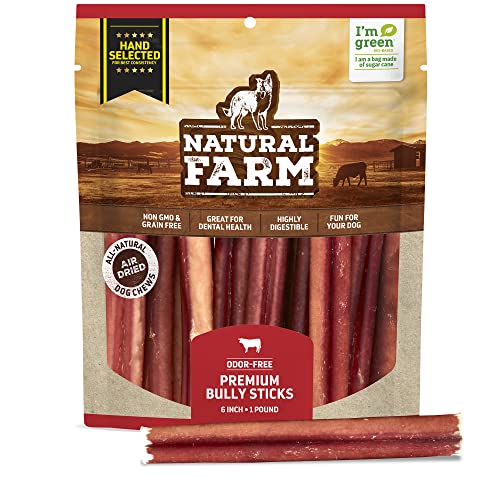 Natural Farm Odor-Free Select Bully Sticks, (6-Inch, 1-Pound), Hand Selected for Consistent Thickness, 100% Beef Pizzle Dog Chews, Fully Digestible, High Protein, Best Dental Treats